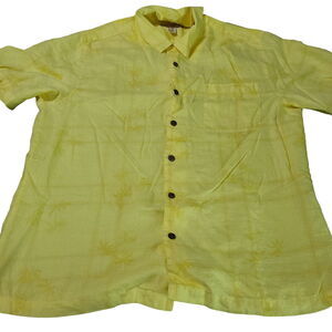 Caribbean Joe Mens Button Up Shirt Yellow Size XL Linen Short Sleeve Pocket
